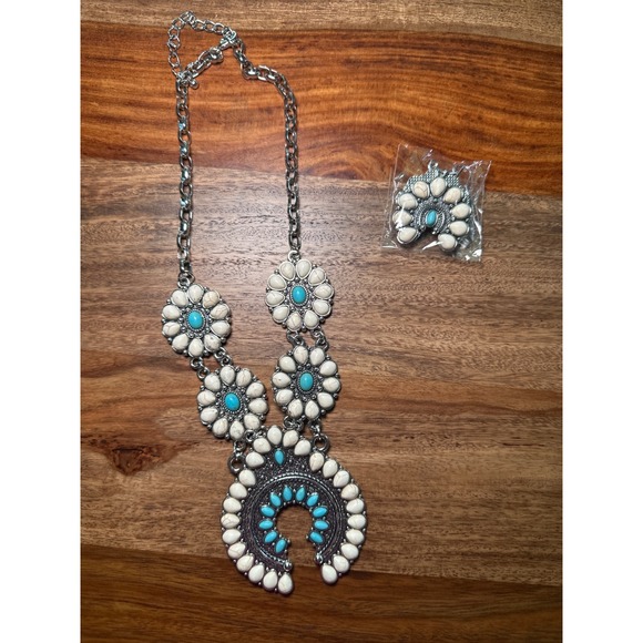 Jewelry - Western Squash Blossom Necklace and Earring Set Turquoise White Buffalo Silver